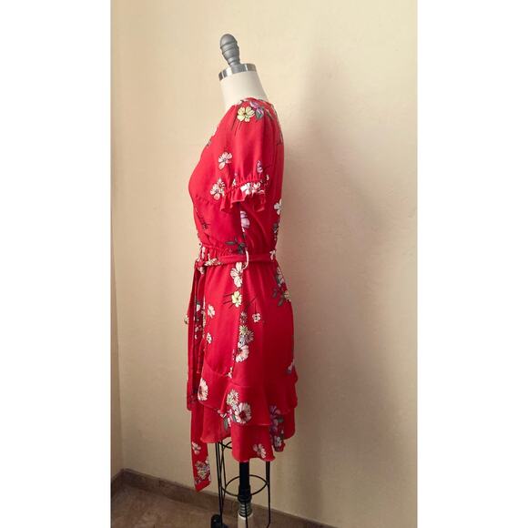 Purple Snow Women's Mini Dress Size M Red Floral Flounce Belt V-Neck - Picture 4 of 7